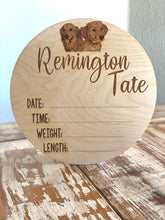 Load image into Gallery viewer, Custom Engraved Wood Baby Announcement Round