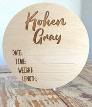 Load image into Gallery viewer, Custom Engraved Wood Baby Announcement Round