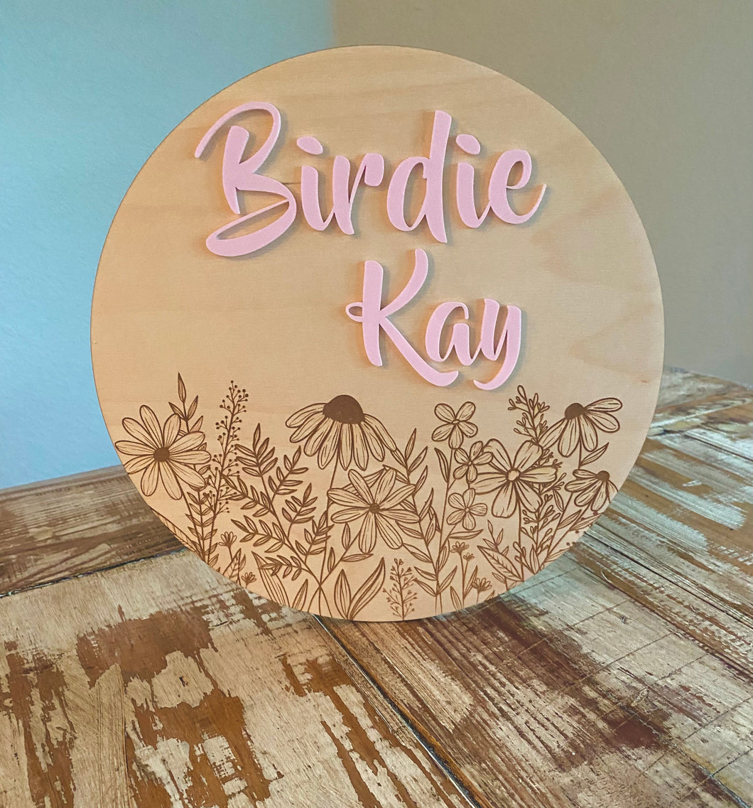 Engraved Wildflower and Pale Pink Acrylic Nursery Sign