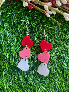 Red and Pink 3 Heart drop Earrings