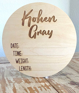 Custom Engraved Wood Baby Announcement Round