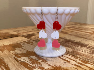 Red Acrylic 3 Heart drop Earrings