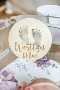 Custom Engraved Wood Baby’s First Footprint Round